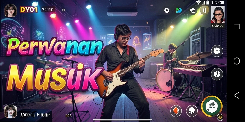 Screenshot DY01 menampilkan gameplay seru dengan not musik yang menghias layar.