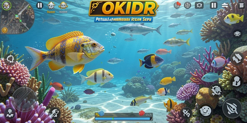 Screenshot gameplay OKIDR menampilkan aksi menembak ikan yang seru.