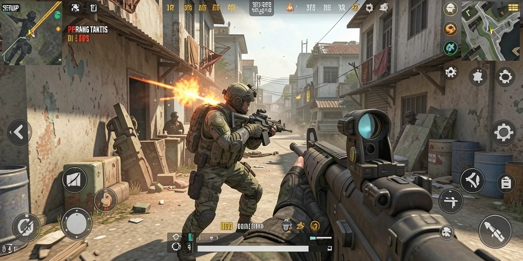 Screenshot utama SERURP menampilkan pertempuran intens di arena FPS.